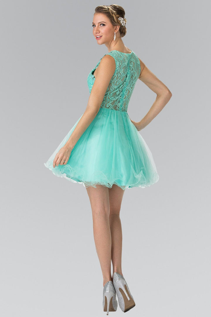 Short Dress with Lace Bodice and Sheer Waistline by Elizabeth K GS1427-Short Cocktail Dresses-ABC Fashion