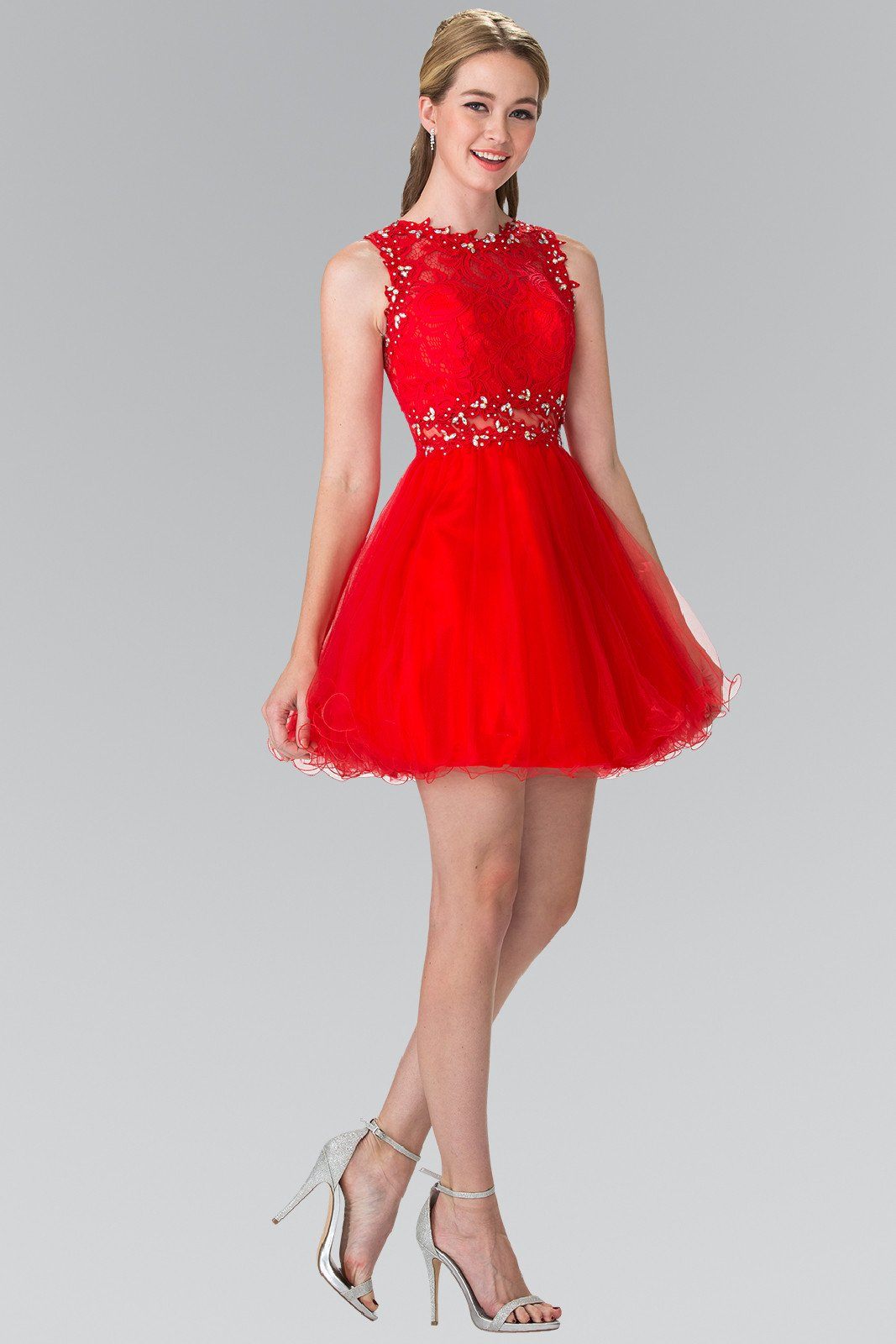 Short Dress with Lace Bodice and Sheer Waistline by Elizabeth K GS1427-Short Cocktail Dresses-ABC Fashion