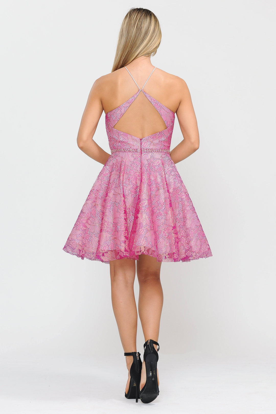 Short Floral Glitter Dress with Illusion Cutout by Poly USA 8506-Short Cocktail Dresses-ABC Fashion