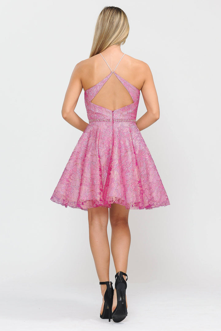 Short Floral Glitter Dress with Illusion Cutout by Poly USA 8506-Short Cocktail Dresses-ABC Fashion