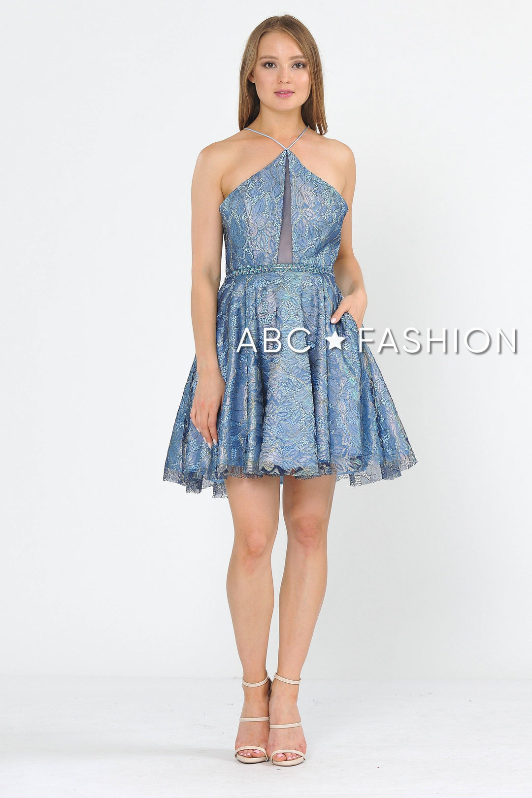 Short Floral Glitter Dress with Illusion Cutout by Poly USA 8506-Short Cocktail Dresses-ABC Fashion