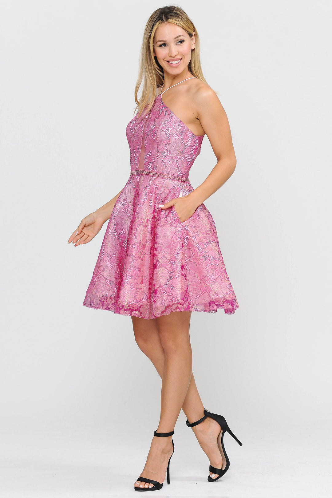 Short Floral Glitter Dress with Illusion Cutout by Poly USA 8506-Short Cocktail Dresses-ABC Fashion