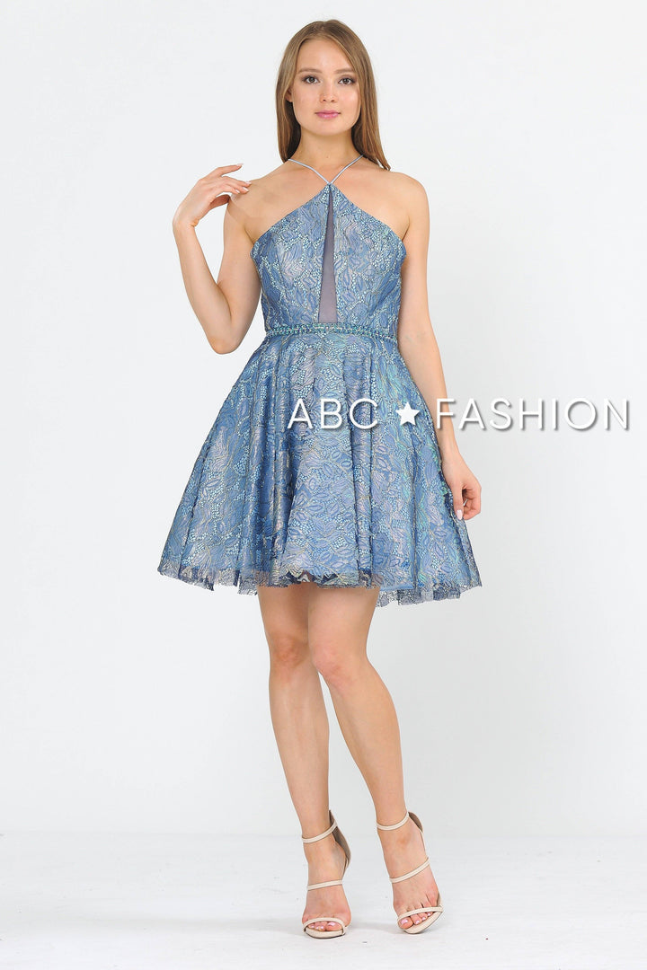 Short Floral Glitter Dress with Illusion Cutout by Poly USA 8506-Short Cocktail Dresses-ABC Fashion
