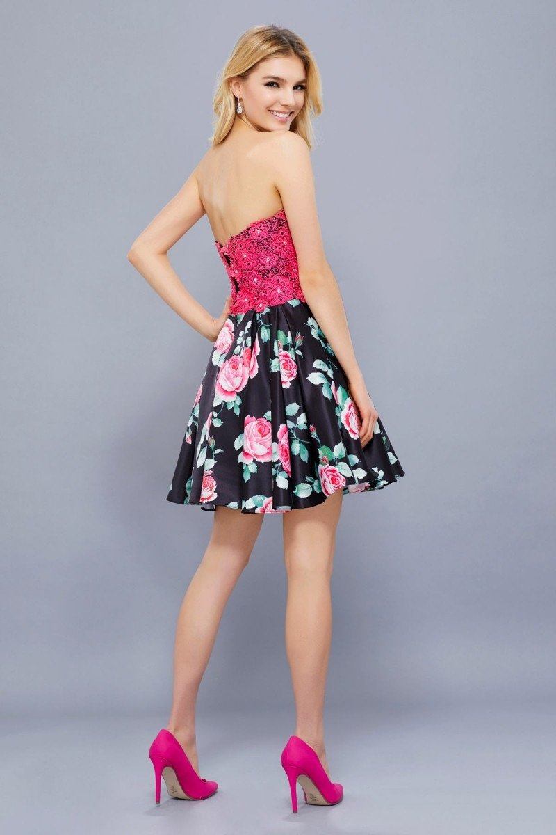 Short Floral Print Dress with Fuchsia Lace Top by Nox Anabel 6270-Short Cocktail Dresses-ABC Fashion