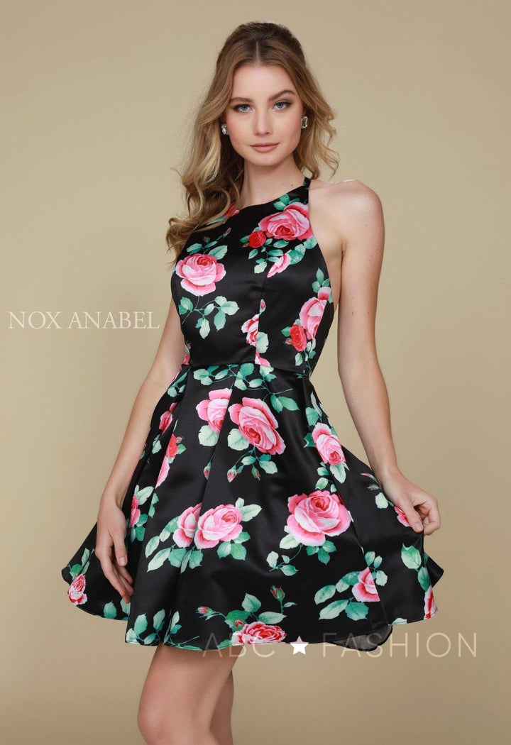 Short Floral Print Dress with Open Back by Nox Anabel Q602-Short Cocktail Dresses-ABC Fashion