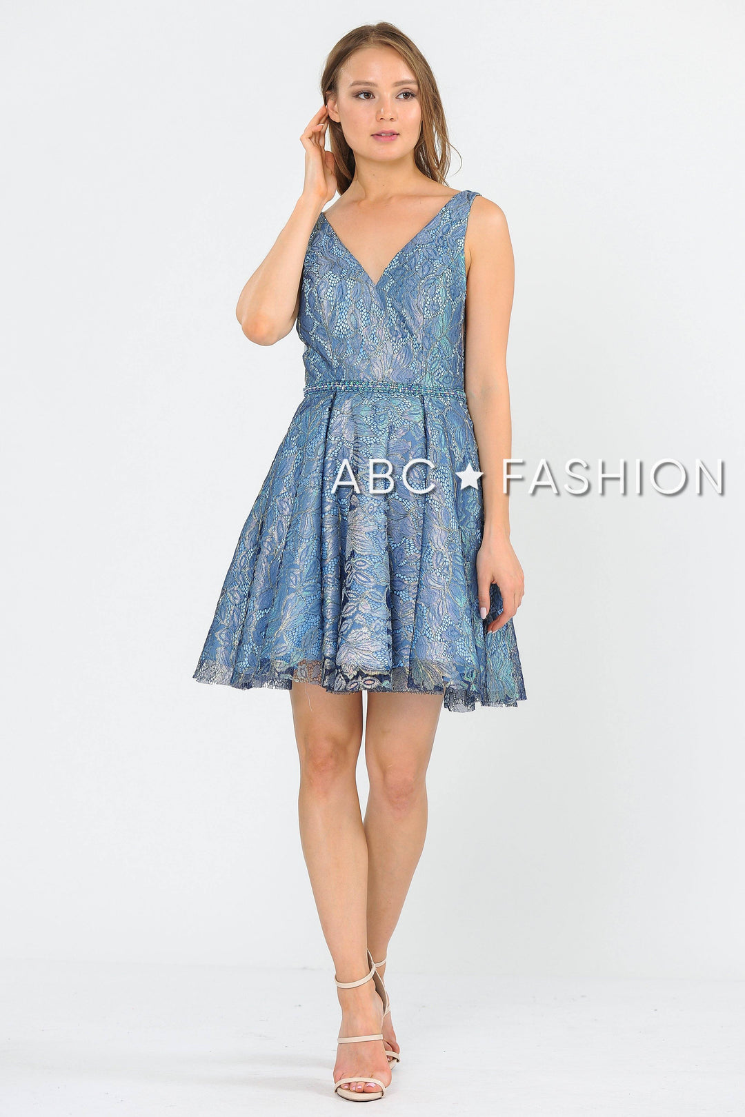 Short Glitter Print V-Neck Dress with Pockets by Poly USA 8504-Short Cocktail Dresses-ABC Fashion