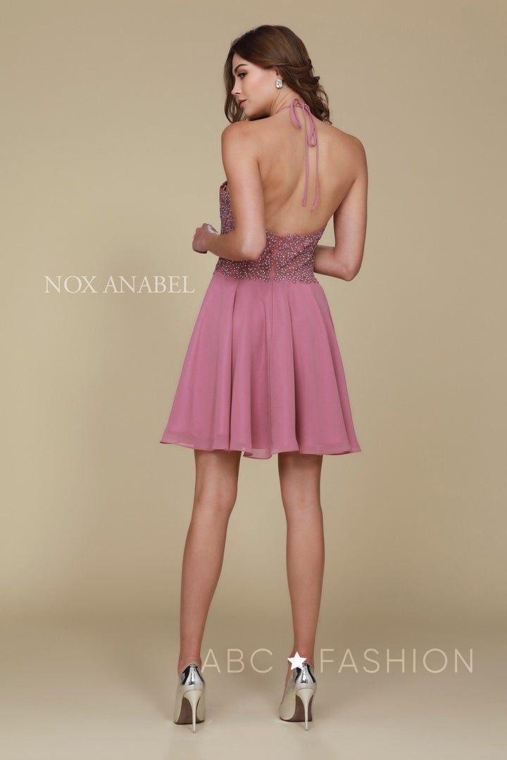 Short Halter Dress with Applique Bodice by Nox Anabel G657-Short Cocktail Dresses-ABC Fashion