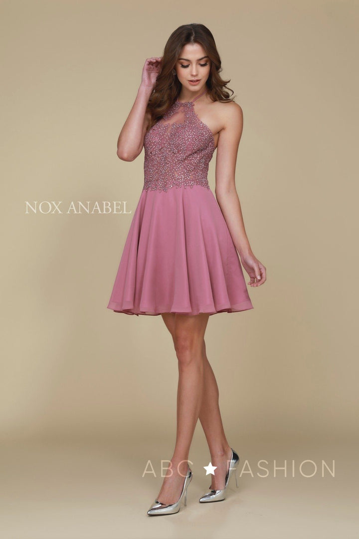 Short Halter Dress with Applique Bodice by Nox Anabel G657-Short Cocktail Dresses-ABC Fashion