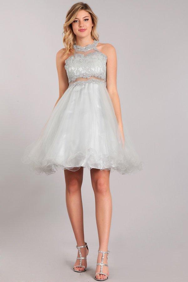 Short Halter Dress with Lace Bodice by Cinderella Couture 5040 16 / Silver Short Halter Dress with Lace Bodice by Cinderella Couture 5040 16 / Silver