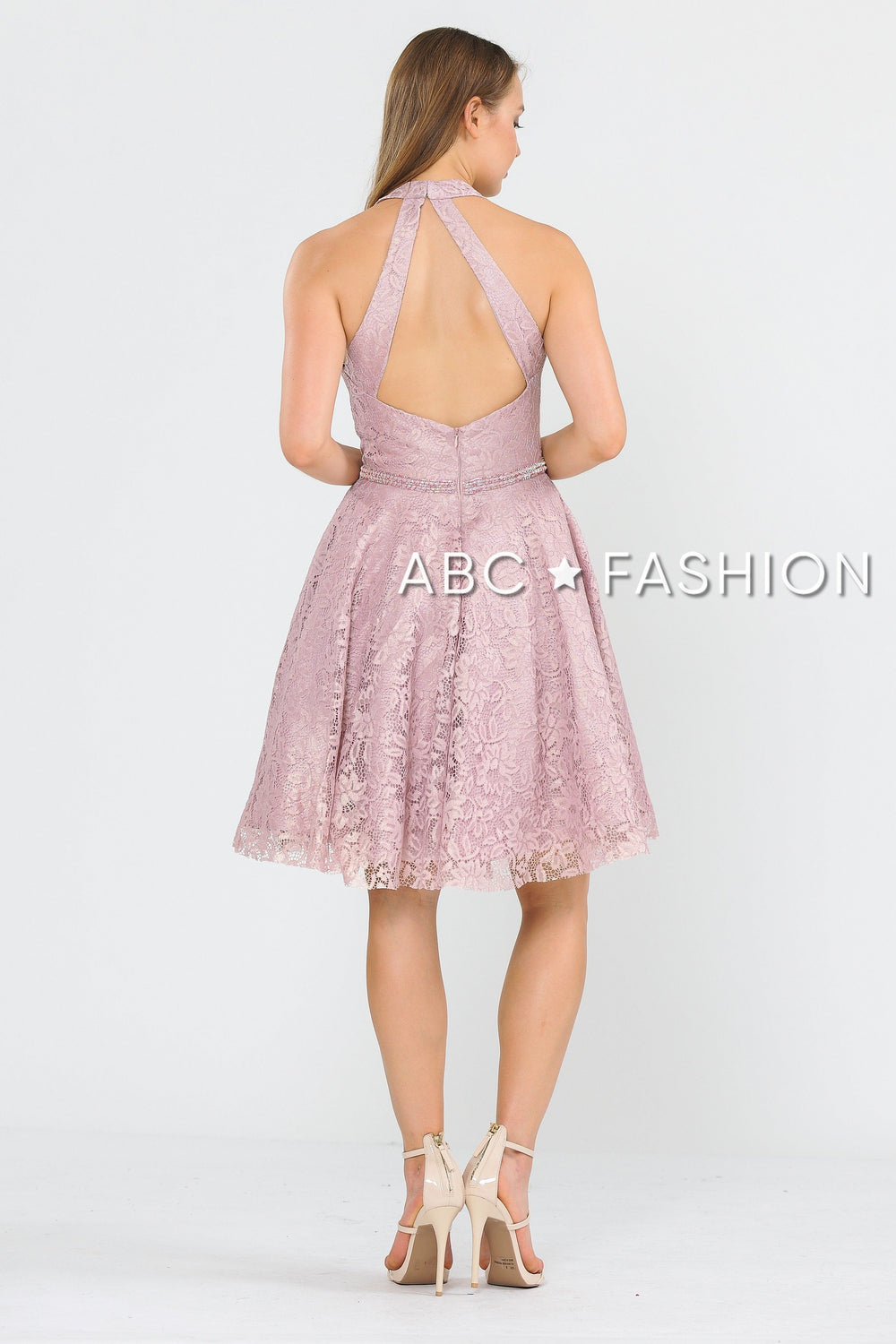 Short Halter Lace Dress with Open Back by Poly USA 8428-Short Cocktail Dresses-ABC Fashion