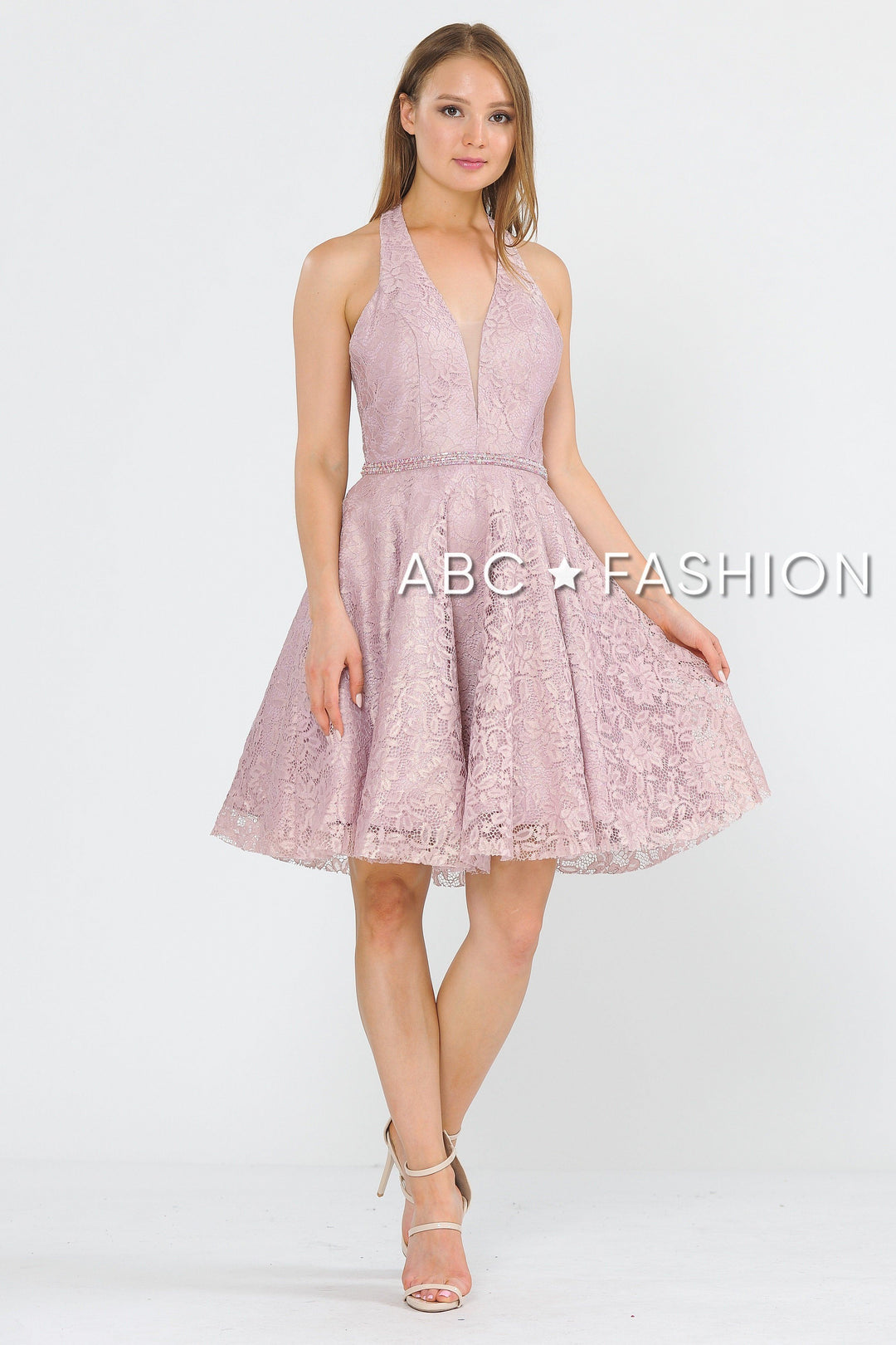 Short Halter Lace Dress with Open Back by Poly USA 8428-Short Cocktail Dresses-ABC Fashion