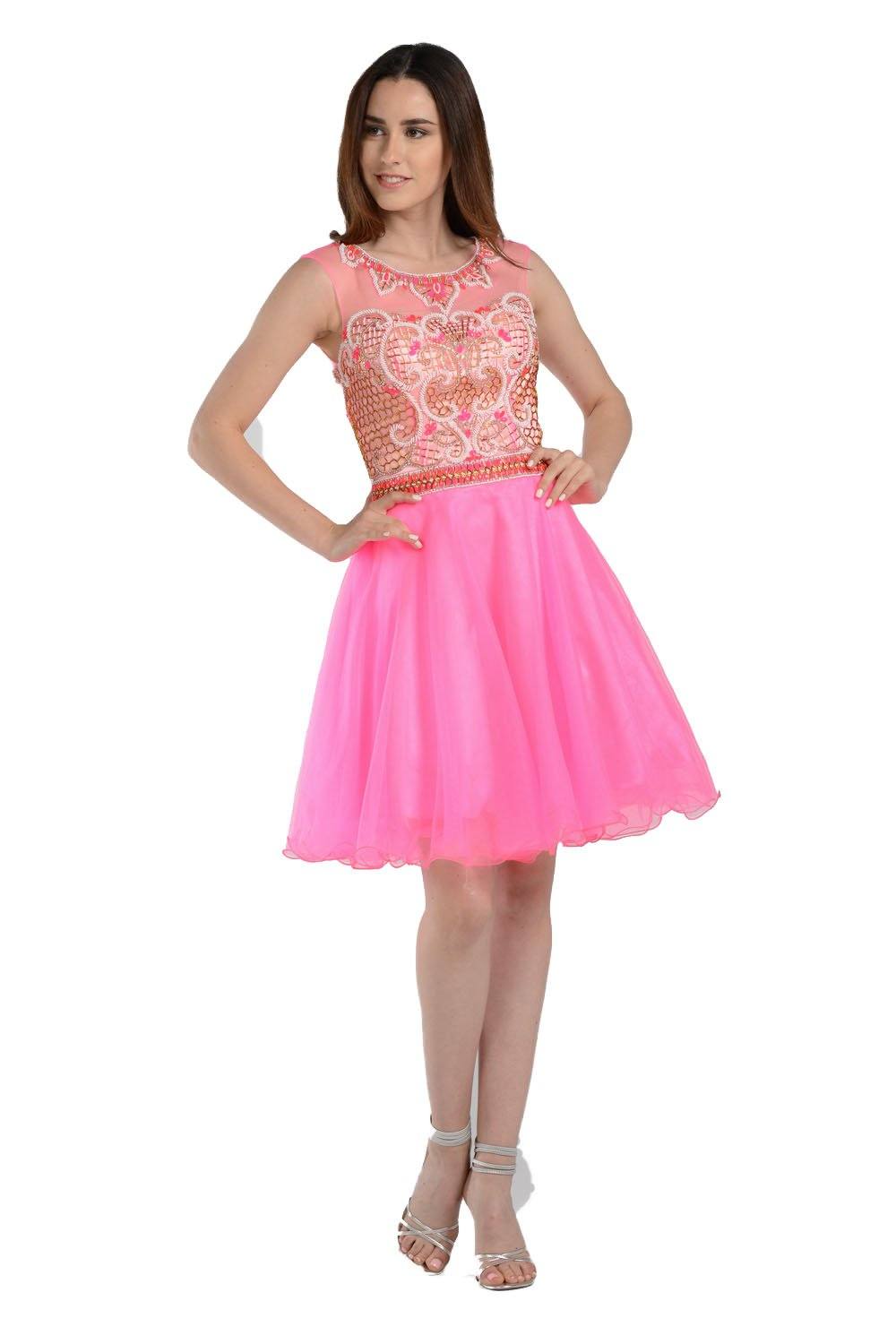 Short Sleeveless Beaded A-Line Dress by Poly USA 7542 Xs / Hot Pink