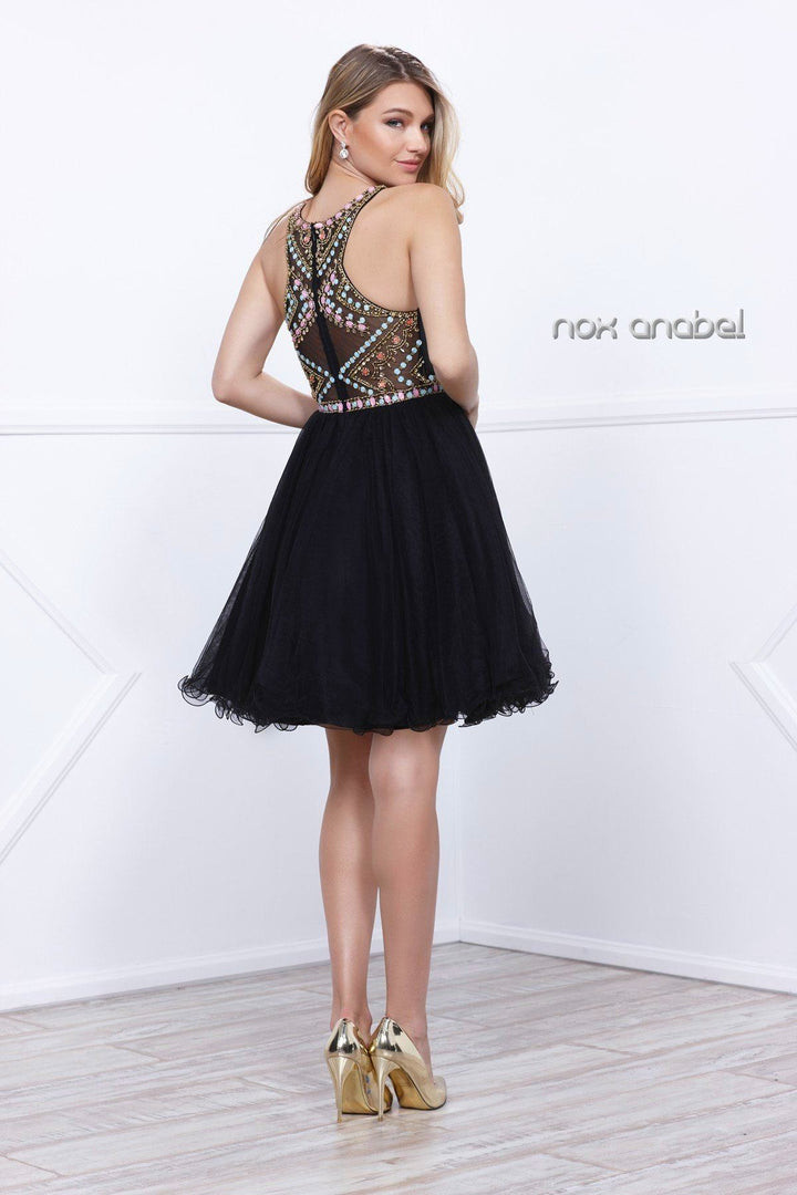Short Illusion Dress with Beaded Bodice by Nox Anabel 6250-Short Cocktail Dresses-ABC Fashion
