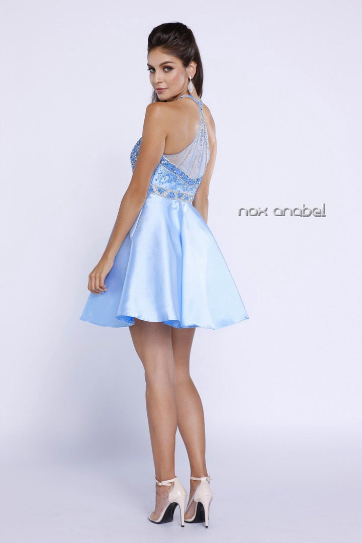 Short Illusion Dress with Embellished Bodice by Nox Anabel 6262-Short Cocktail Dresses-ABC Fashion