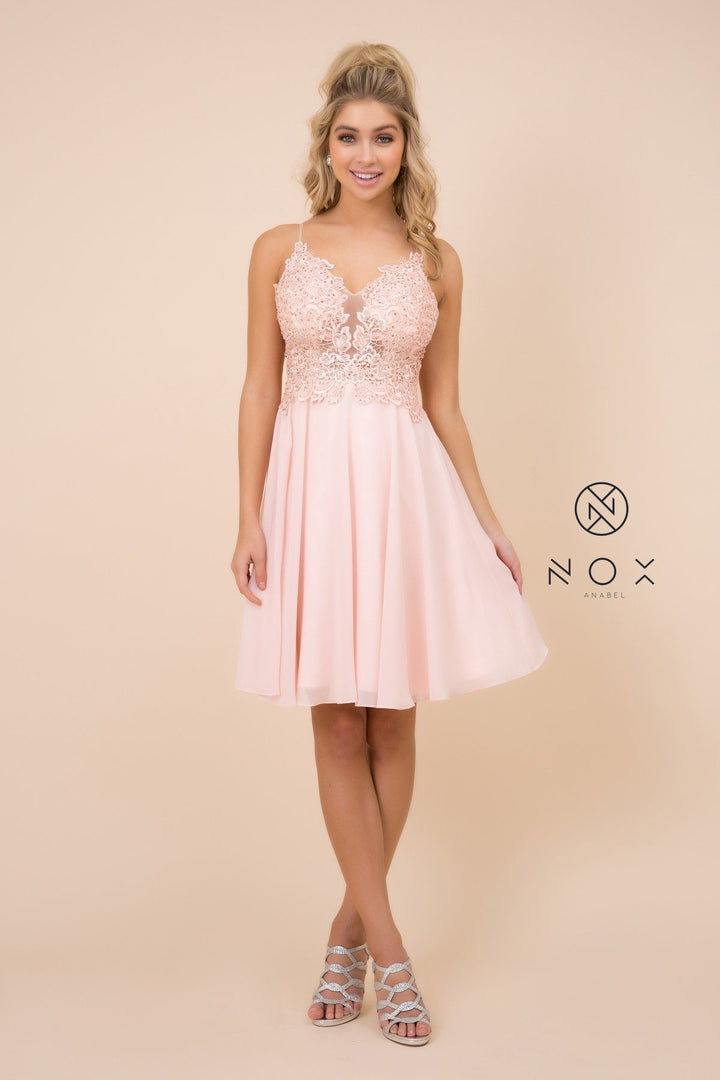 Short Knee Length V-Neck Dress with Appliques by Nox Anabel A660