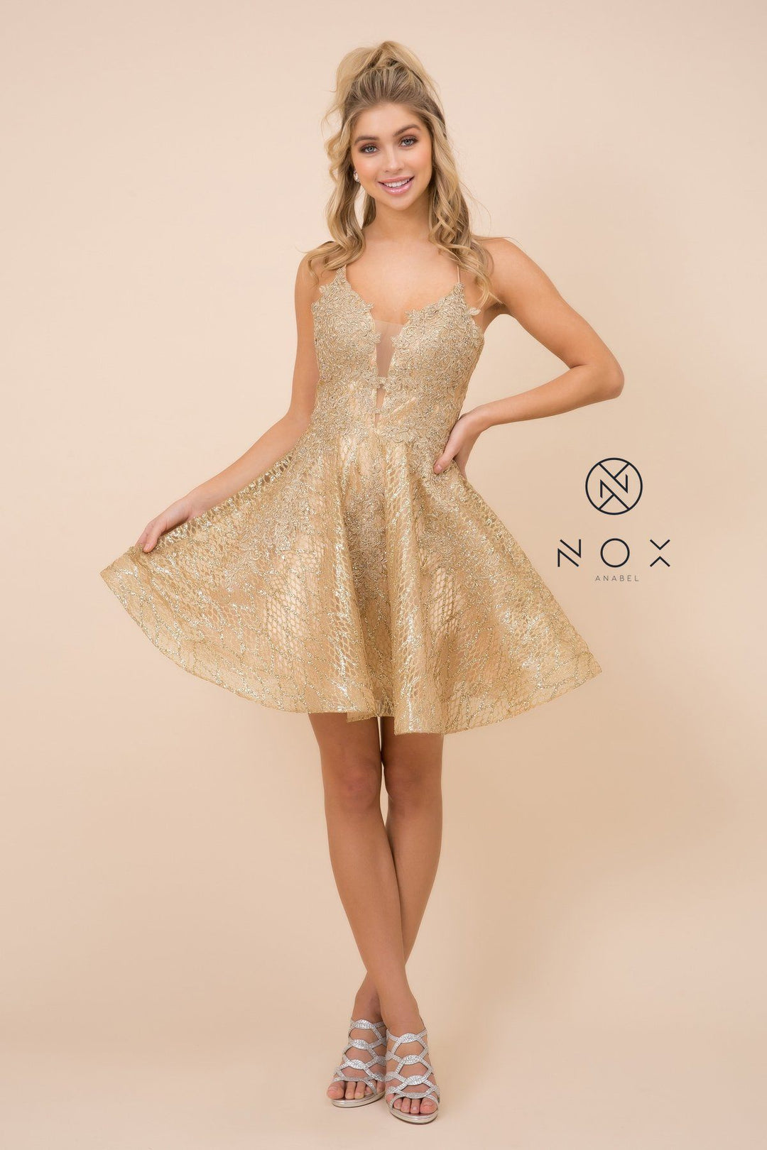 Short Lace Bodice Dress with Glitter Skirt by Nox Anabel R682