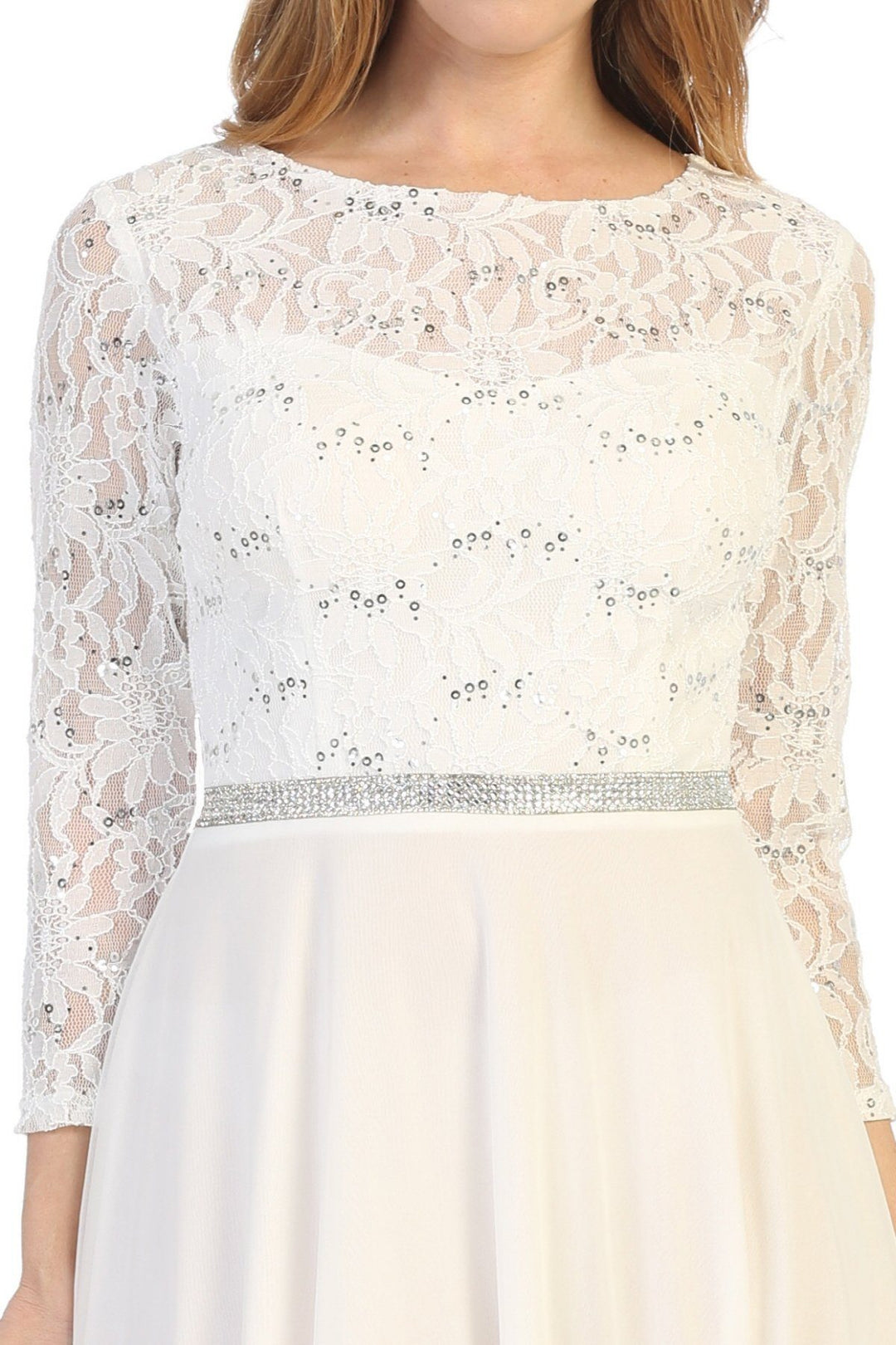 Short Lace Bodice Dress with Long Sleeves by Celavie 6305-S