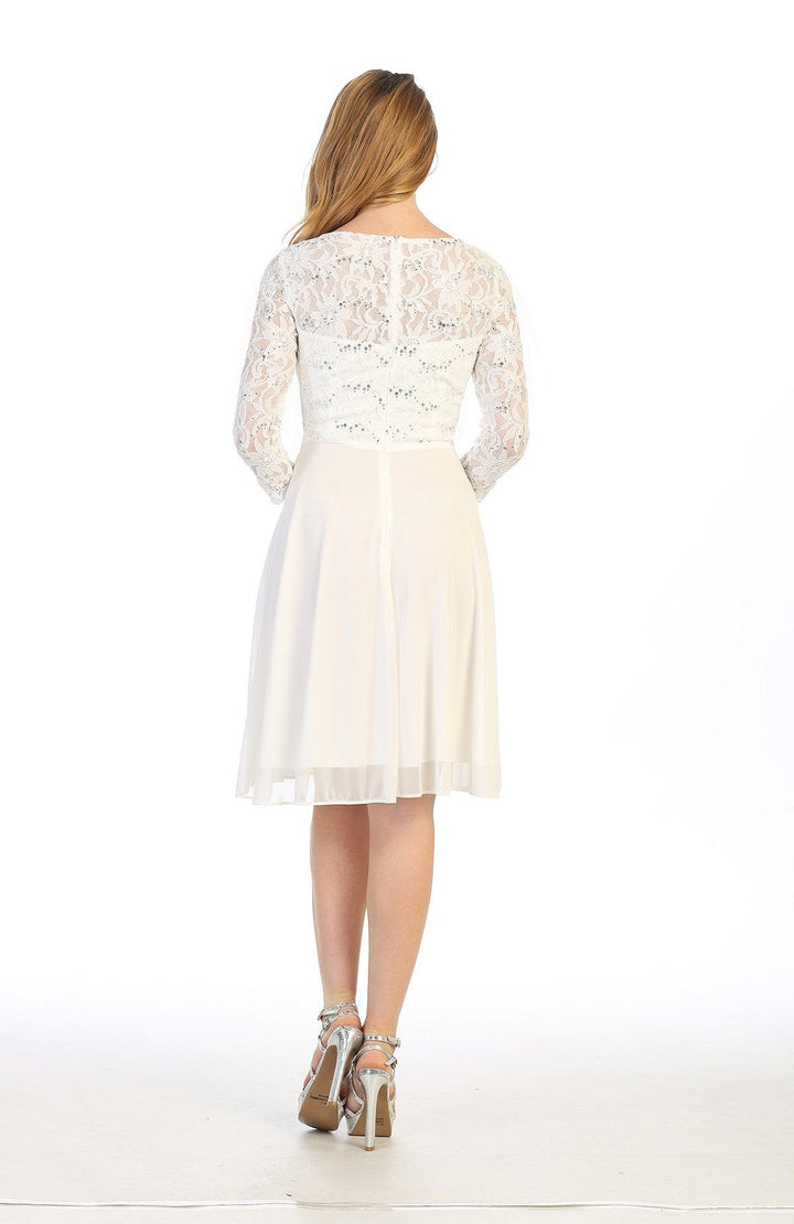 Short Lace Bodice Dress with Long Sleeves by Celavie 6305-S