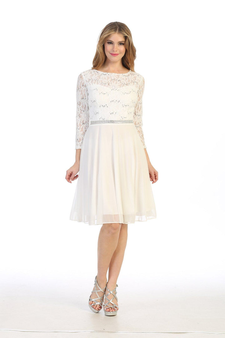 Short Lace Bodice Dress with Long Sleeves by Celavie 6305-S