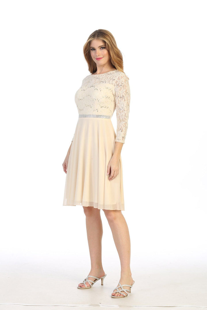 Short Lace Bodice Dress with Long Sleeves by Celavie 6305-S