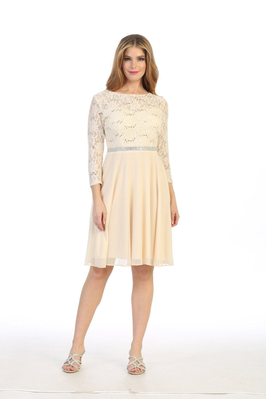 Short Lace Bodice Dress with Long Sleeves by Celavie 6305-S