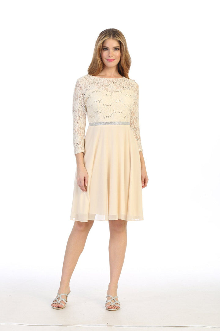 Short Lace Bodice Dress with Long Sleeves by Celavie 6305-S