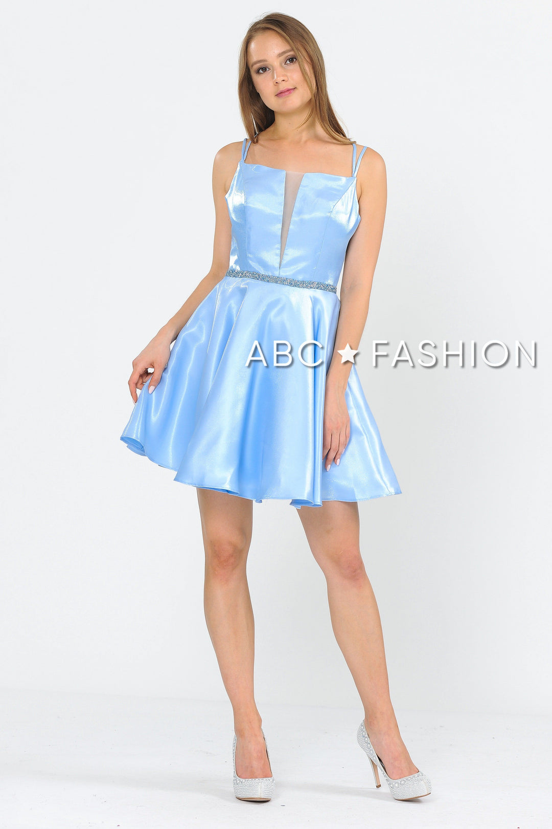 Short Metallic Dress with Illusion Cutout by Poly USA 8447-Short Cocktail Dresses-ABC Fashion