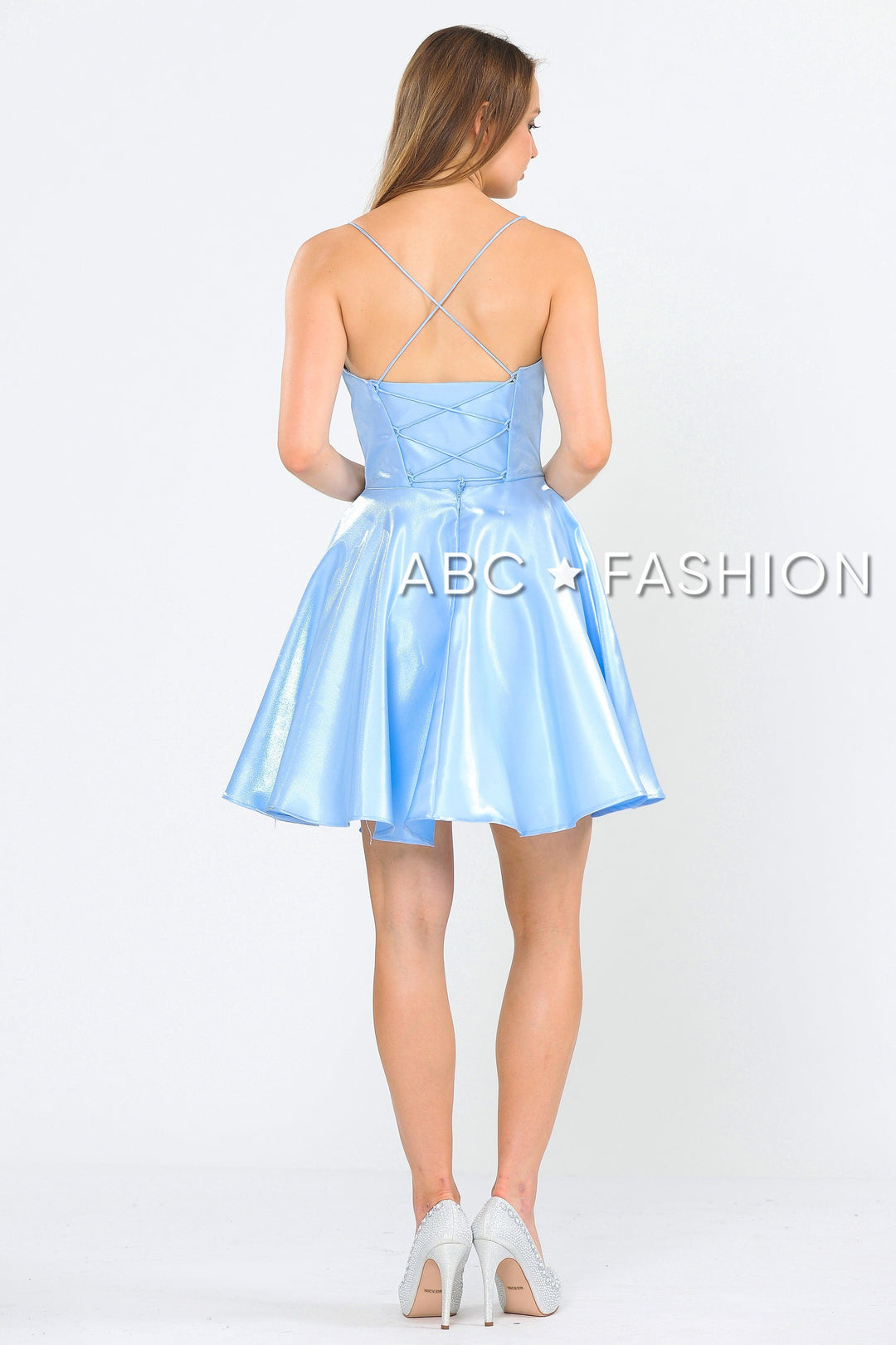 Short Metallic V-Neck Dress with Open Back by Poly USA 8306-Short Cocktail Dresses-ABC Fashion