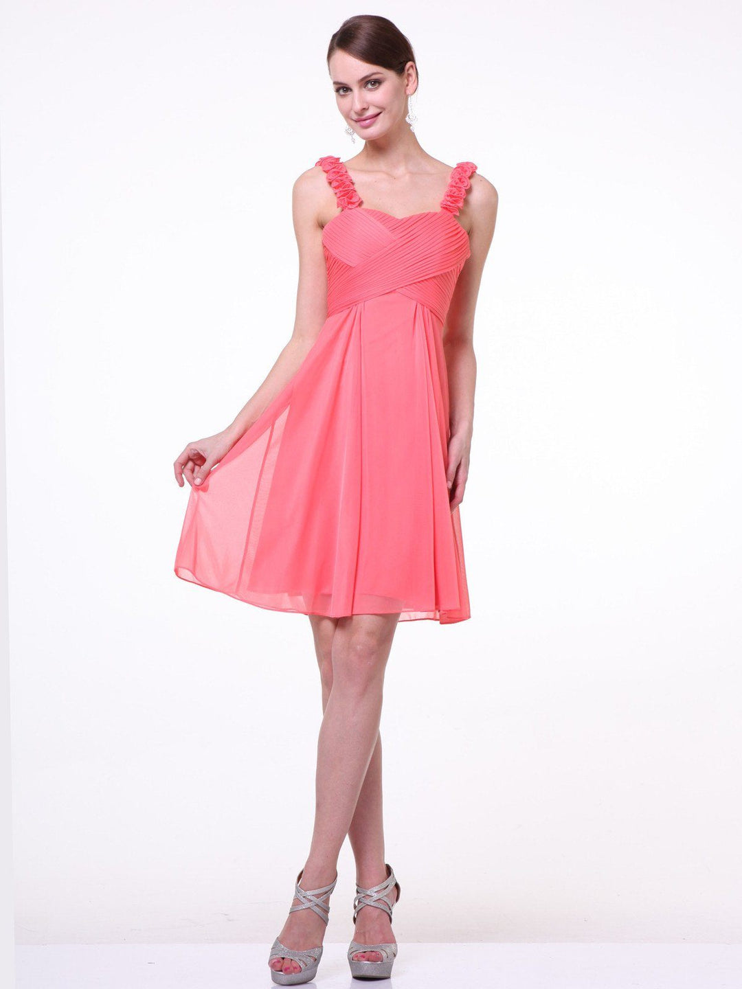 Short Pleated Cocktail Dress with Floral Straps by Cinderella Divine 3801-Short Cocktail Dresses-ABC Fashion