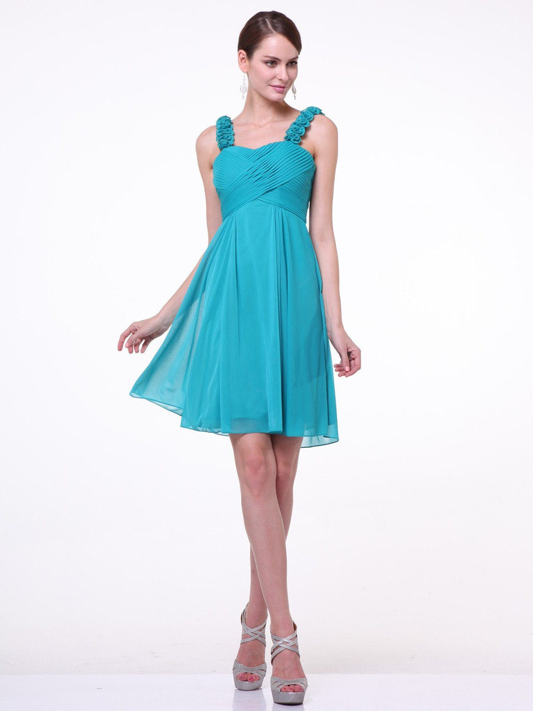 Short Pleated Cocktail Dress with Floral Straps by Cinderella Divine 3801-Short Cocktail Dresses-ABC Fashion