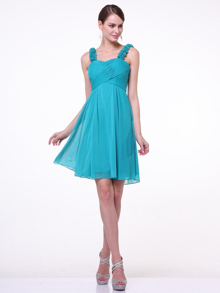 Short Pleated Cocktail Dress with Floral Straps by Cinderella Divine 3801-Short Cocktail Dresses-ABC Fashion