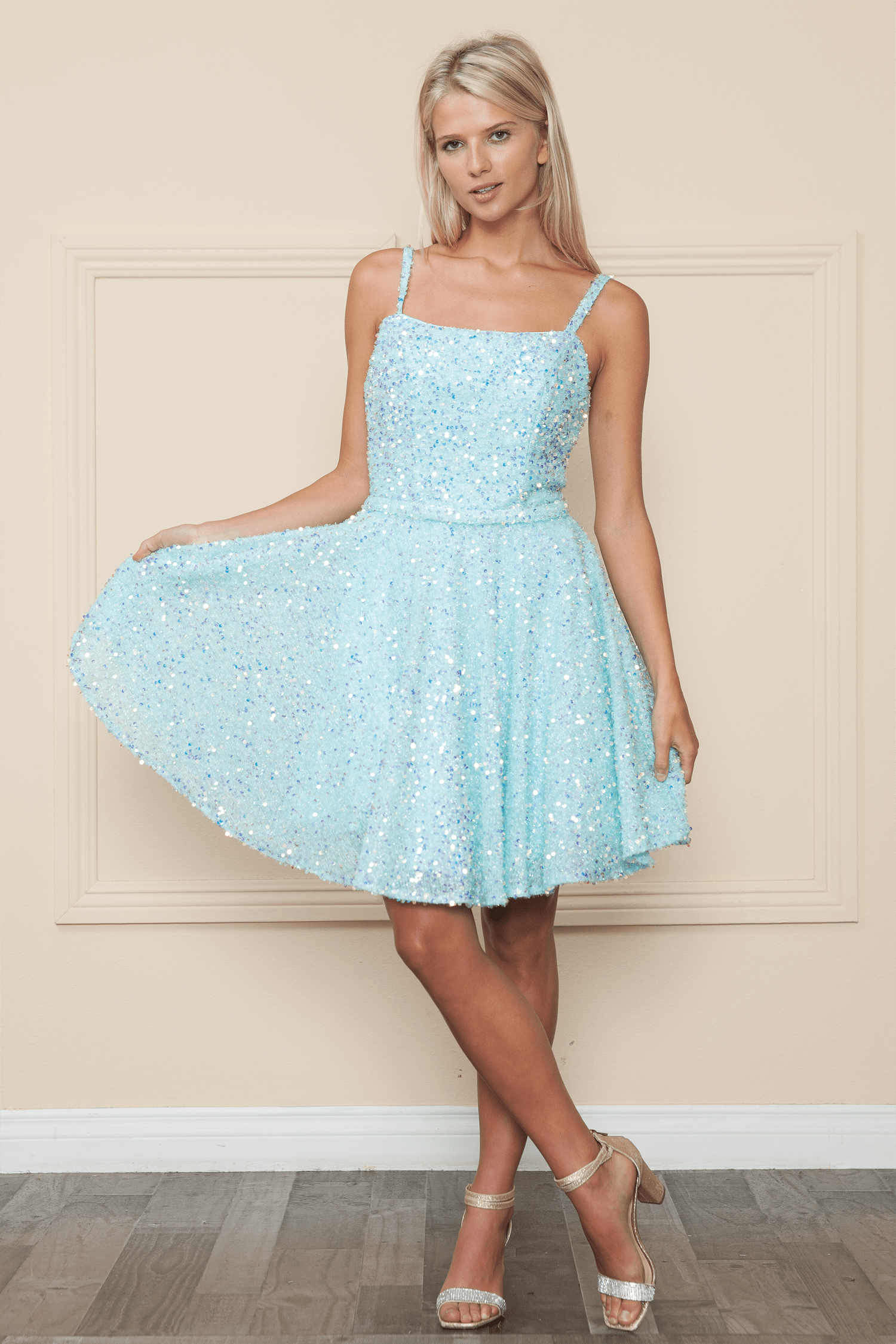 Poly USA 8930 Short Sequin Velvet A-line Dress | FormalDressShops Aqua / S Poly USA 8930 Short Sequin Velvet A-line Dress | FormalDressShops Aqua / S