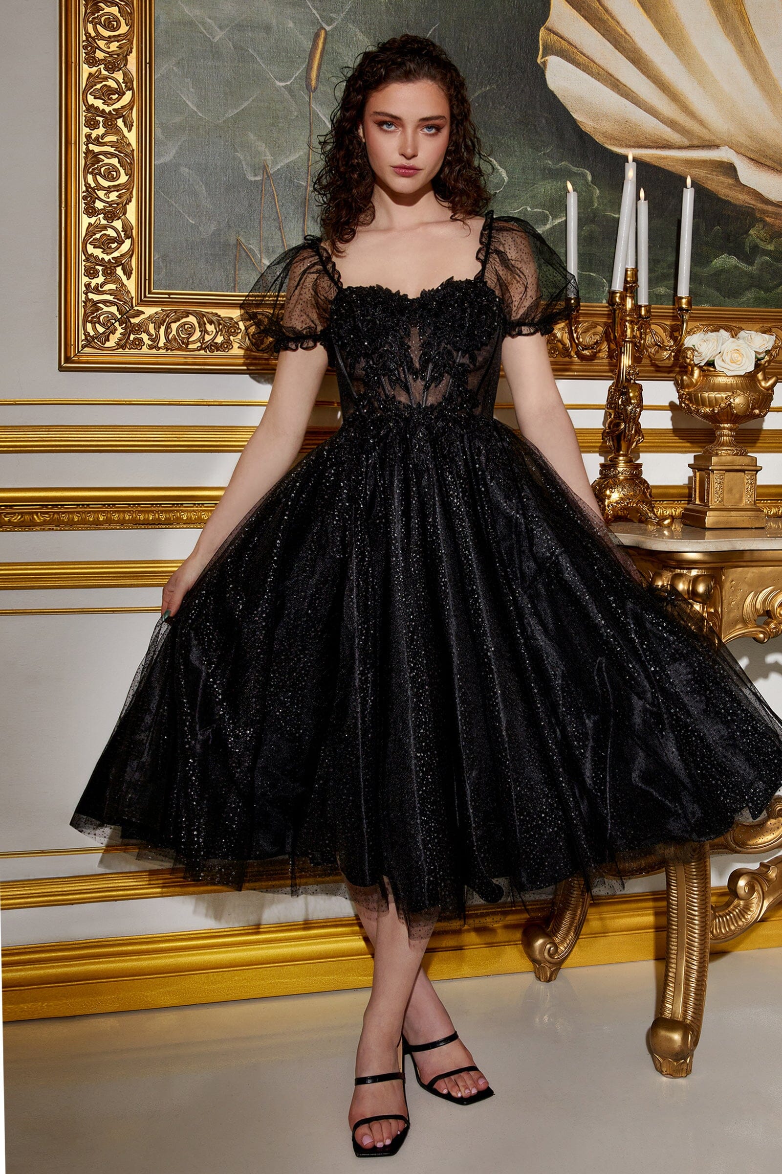 Short Sleeve Tea Length Dress by Cinderella Divine CD0187 Short Sleeve Tea Length Dress by Cinderella Divine CD0187