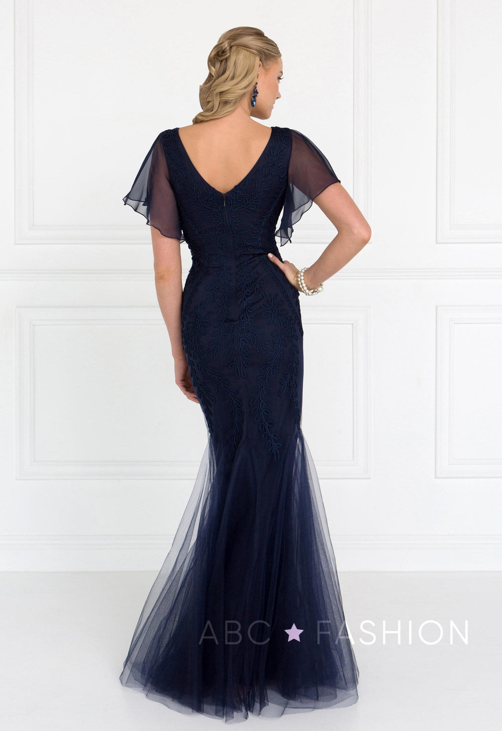 Short-Sleeved Navy Mermaid Gown by Elizabeth K GL1576-Long Formal Dresses-ABC Fashion