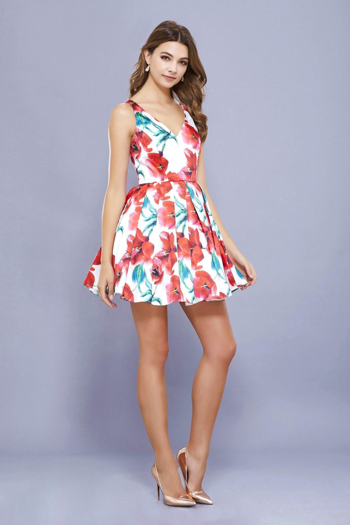 Short Sleeveless Red Floral Print Dress by Nox Anabel 6286-Short Cocktail Dresses-ABC Fashion