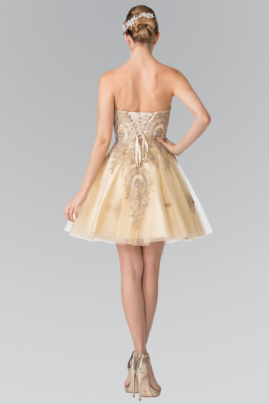 Short Strapless Dress with Gold Lace Applique by Elizabeth K GS2371-Short Cocktail Dresses-ABC Fashion