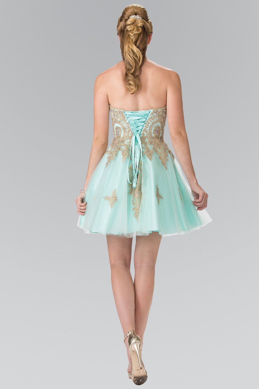 Short Strapless Dress with Gold Lace Applique by Elizabeth K GS2371-Short Cocktail Dresses-ABC Fashion