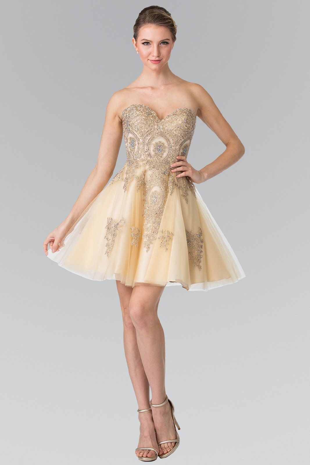 Short Strapless Dress with Gold Lace Applique by Elizabeth K GS2371-Short Cocktail Dresses-ABC Fashion