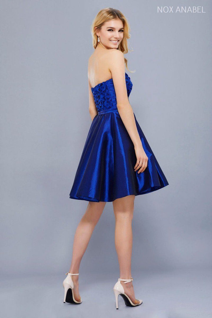 Short Strapless Dress with Lace Applique by Nox Anabel 6265-Short Cocktail Dresses-ABC Fashion