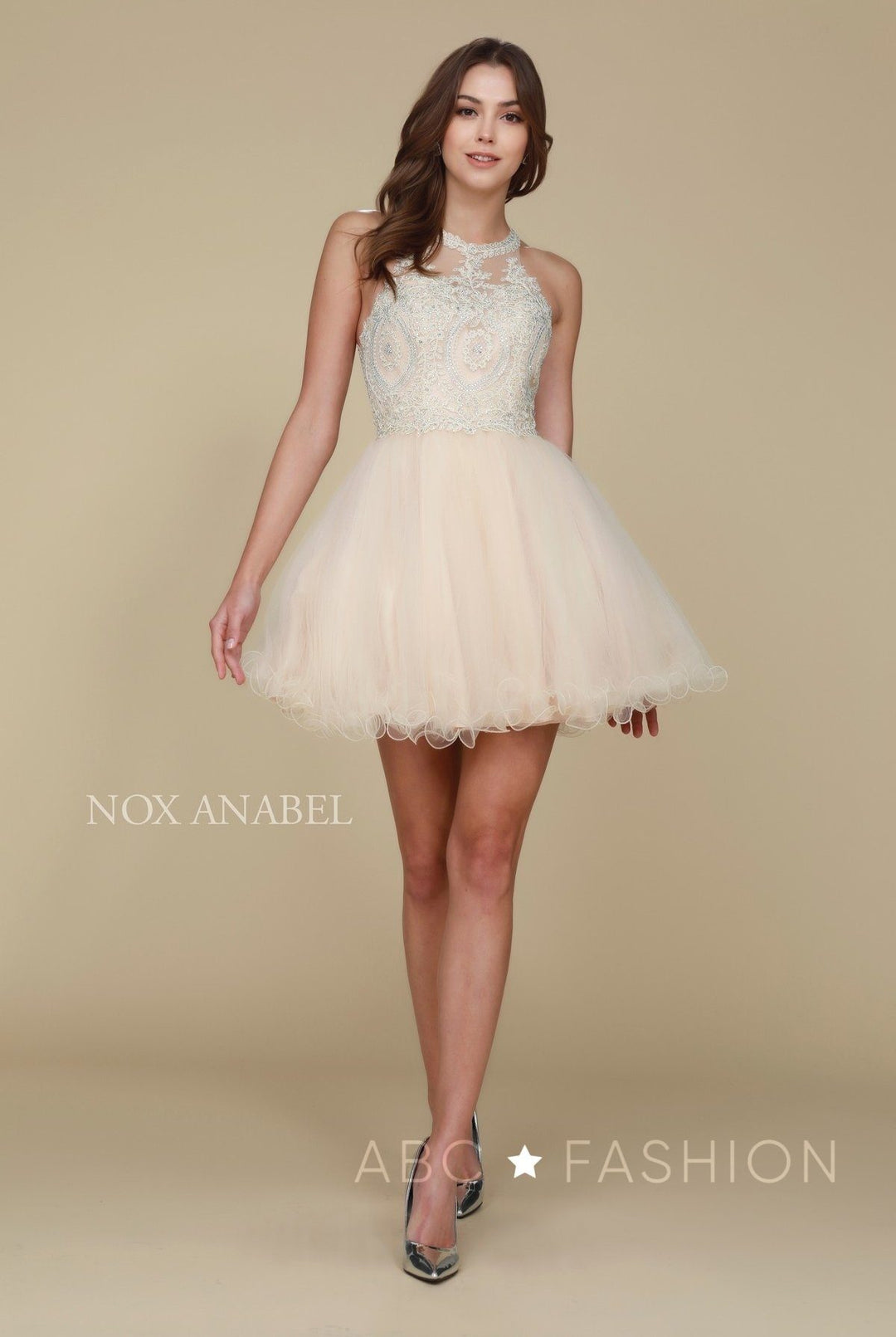 Short Tulle Dress with Embroidered Applique Bodice by Nox Anabel B652-Short Cocktail Dresses-ABC Fashion