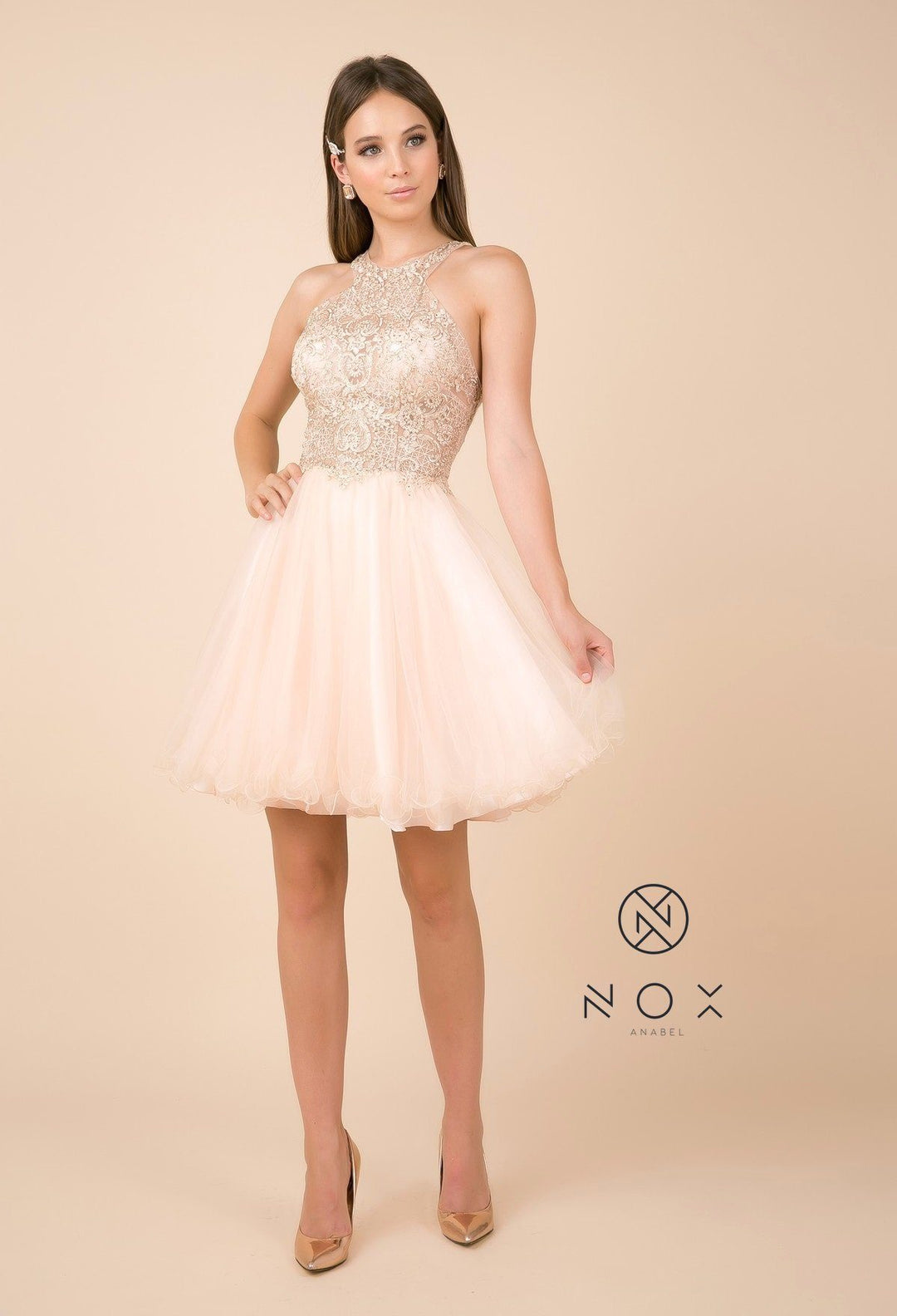 Short Tulle Dress with Halter Lace Bodice by Nox Anabel E696-Short Cocktail Dresses-ABC Fashion