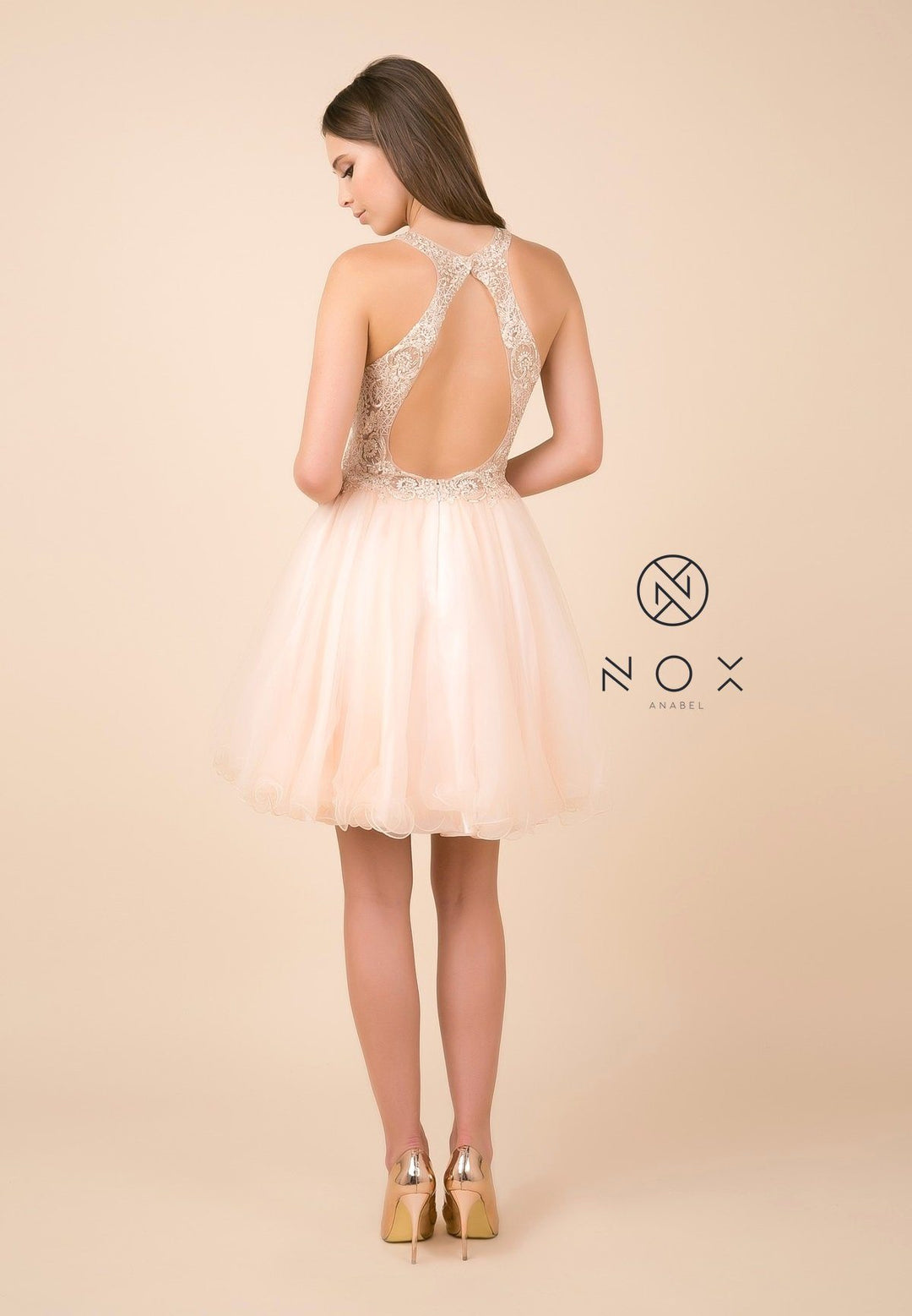 Short Tulle Dress with Halter Lace Bodice by Nox Anabel E696-Short Cocktail Dresses-ABC Fashion