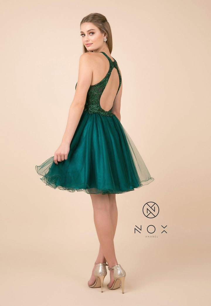 Short Tulle Dress with Halter Lace Bodice by Nox Anabel E696-Short Cocktail Dresses-ABC Fashion