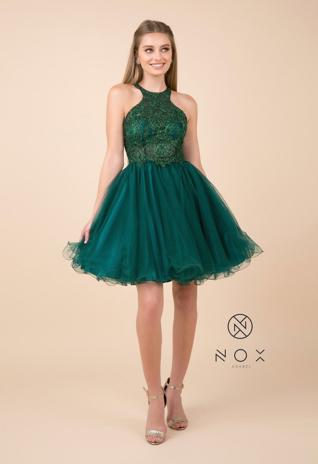 Short Tulle Dress with Halter Lace Bodice by Nox Anabel E696-Short Cocktail Dresses-ABC Fashion
