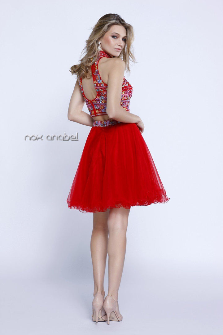 Short Two Piece Dress with Floral Embroidered Top by Nox Anabel 6272-Short Cocktail Dresses-ABC Fashion