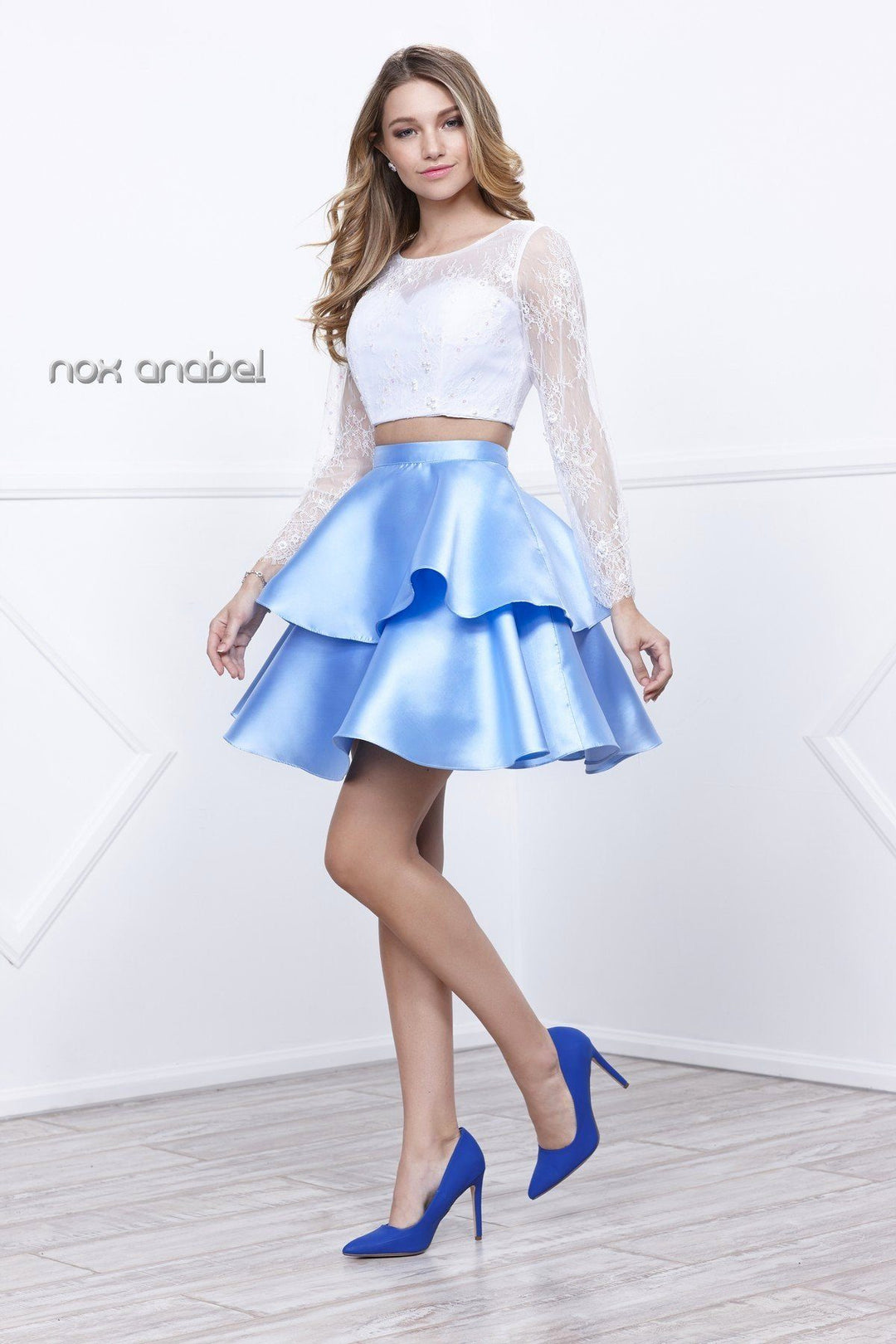 Short Two Piece Dress with Lace Top by Nox Anabel 6290-Short Cocktail Dresses-ABC Fashion