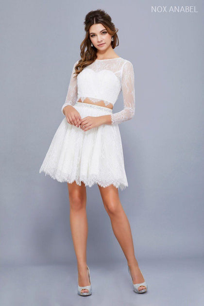 Two piece long clearance sleeve short prom dresses