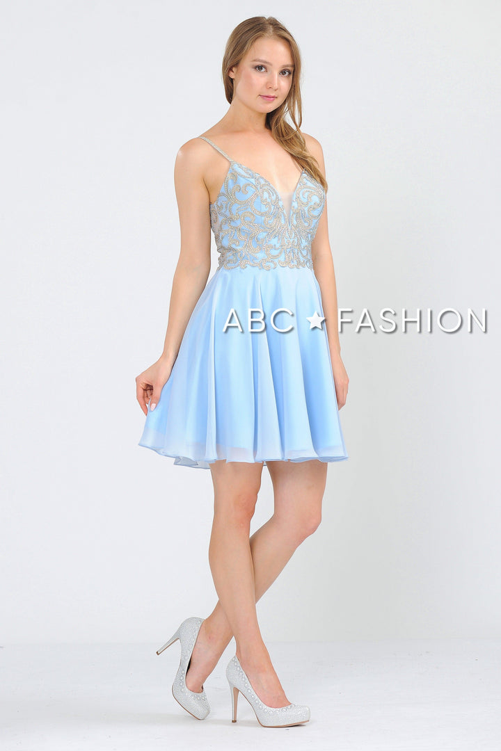 Short V-Neck Chiffon Dress with Corset Back by Poly USA 8434-Short Cocktail Dresses-ABC Fashion