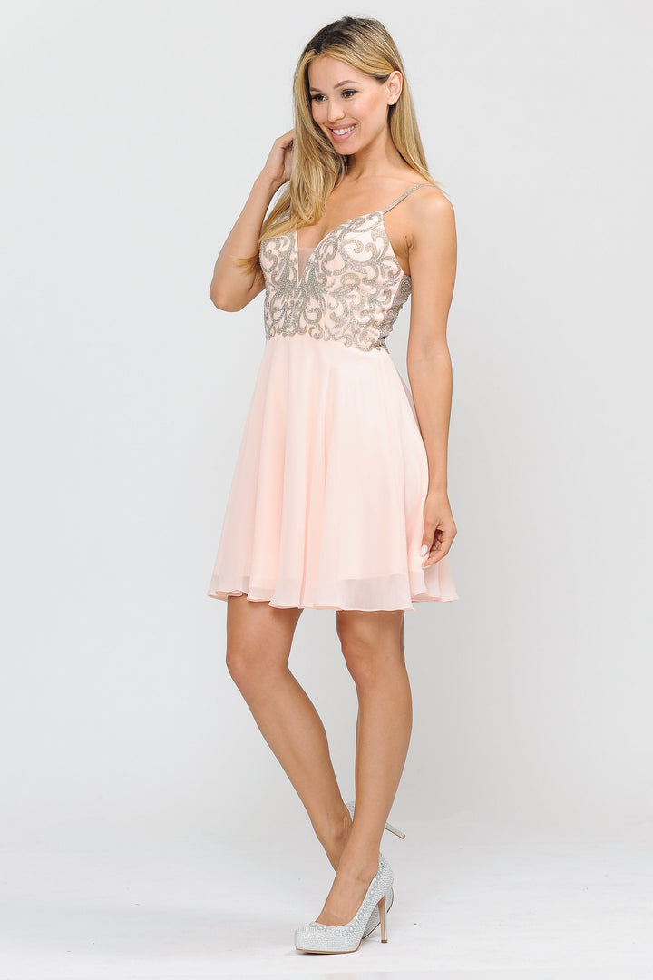 Short V-Neck Chiffon Dress with Corset Back by Poly USA 8434-Short Cocktail Dresses-ABC Fashion