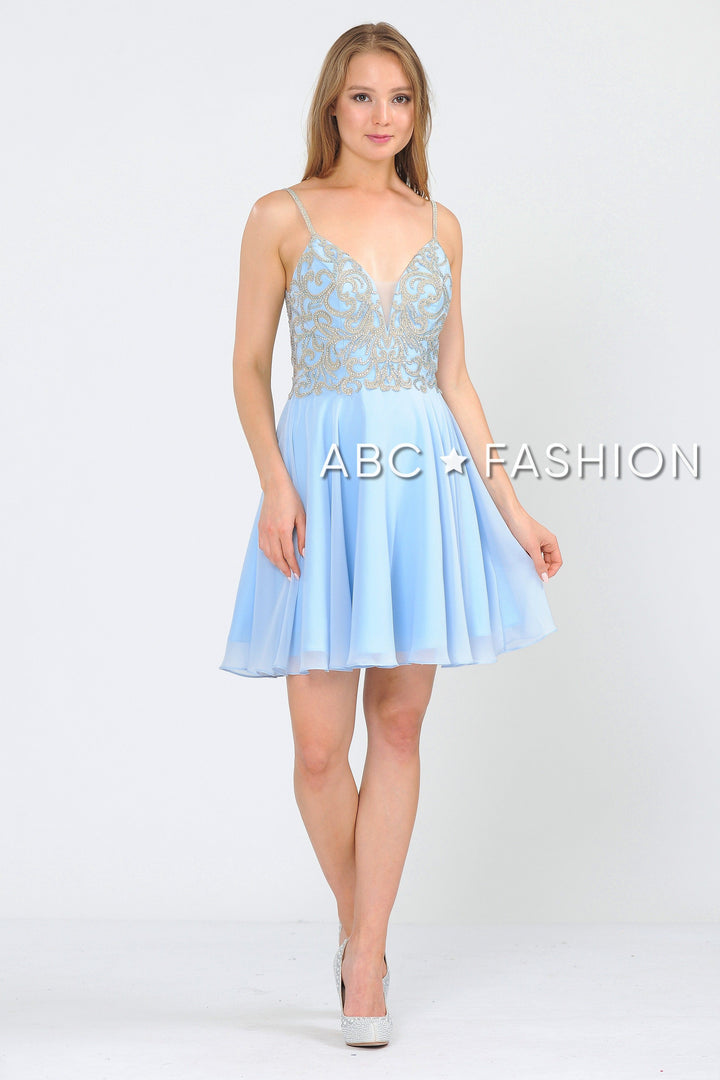 Short V-Neck Chiffon Dress with Corset Back by Poly USA 8434-Short Cocktail Dresses-ABC Fashion